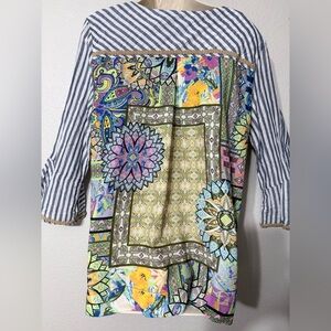 John Mark Blue White Striped Tunic Split V-neckline Colorful Back Deco Trim. L